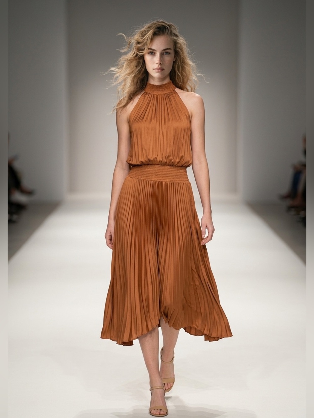 Elie Tahari Sleeveless High-Neck Asymmetrical Maxi Dress in Rust Brown